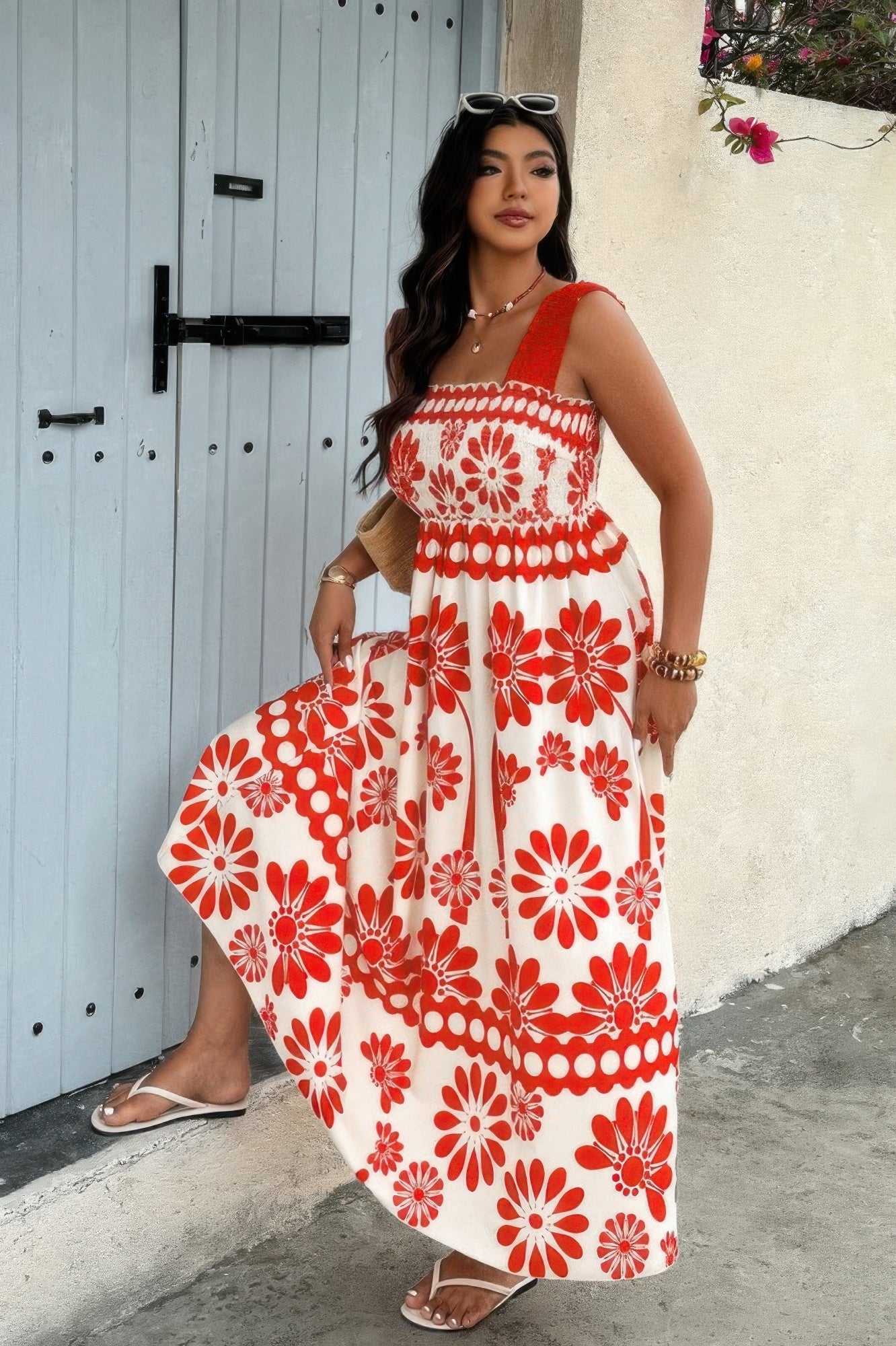 Plus Floral Printed Square Neck Wide Strap Dress - Flip Flop Dynasty