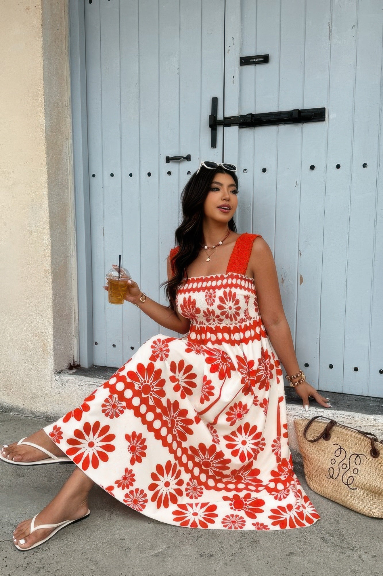 Plus Floral Printed Square Neck Wide Strap Dress - Flip Flop Dynasty
