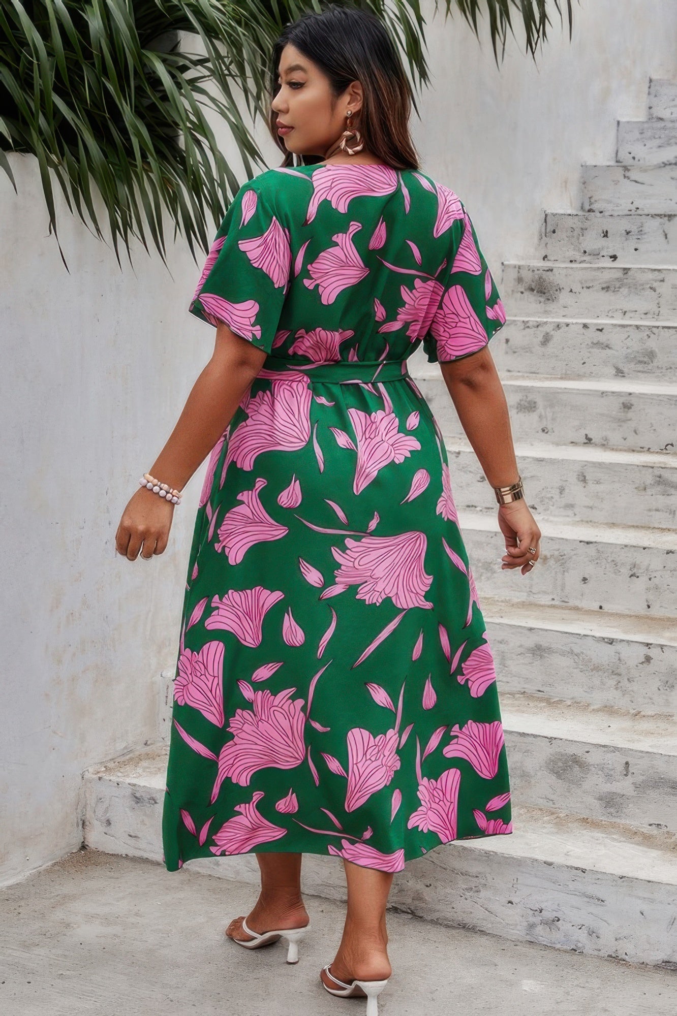 Plus Floral Short Sleeve Split Belted Midi Dress - Flip Flop Dynasty