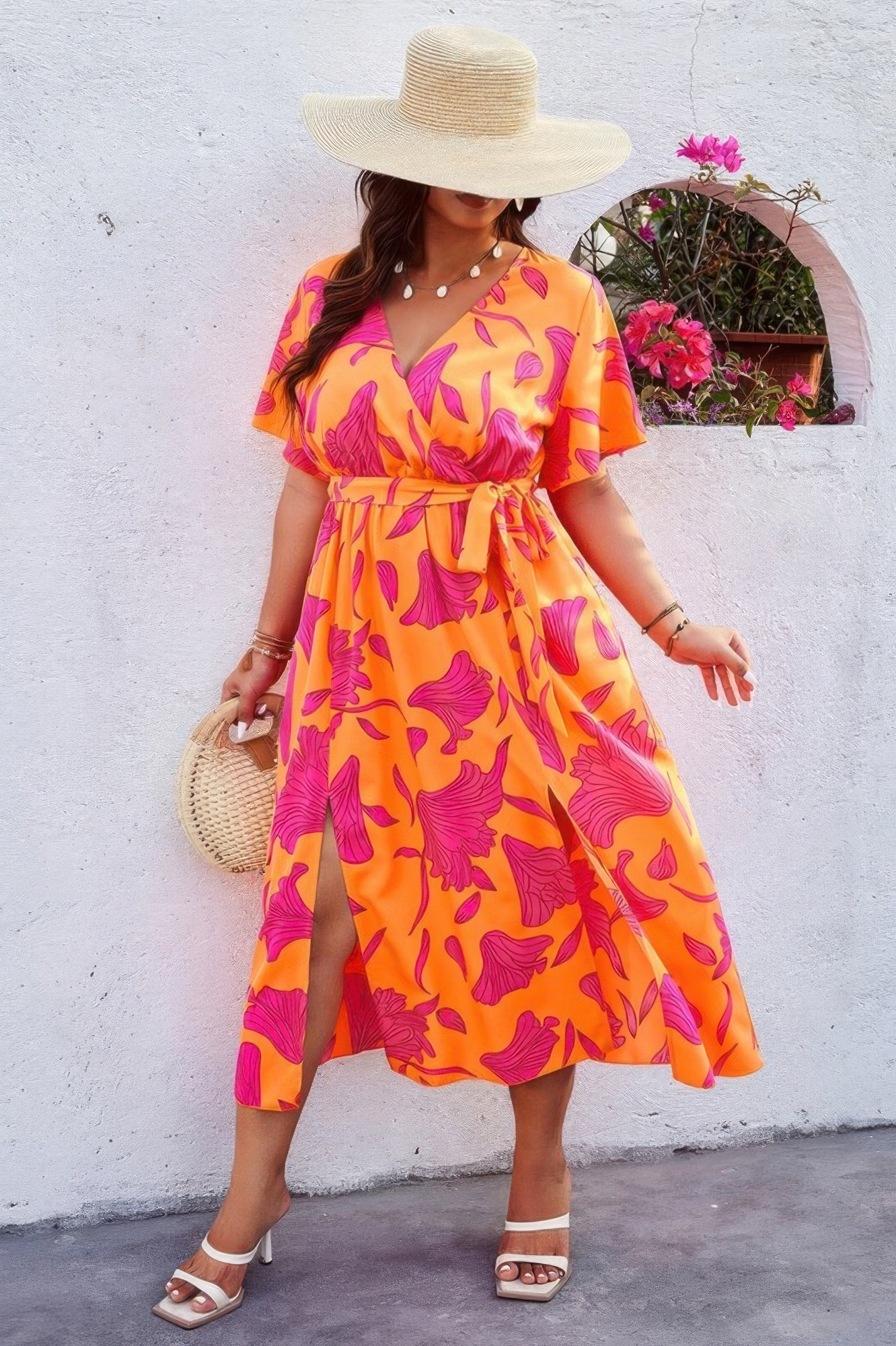 Plus Floral Short Sleeve Split Belted Midi Dress - Flip Flop Dynasty