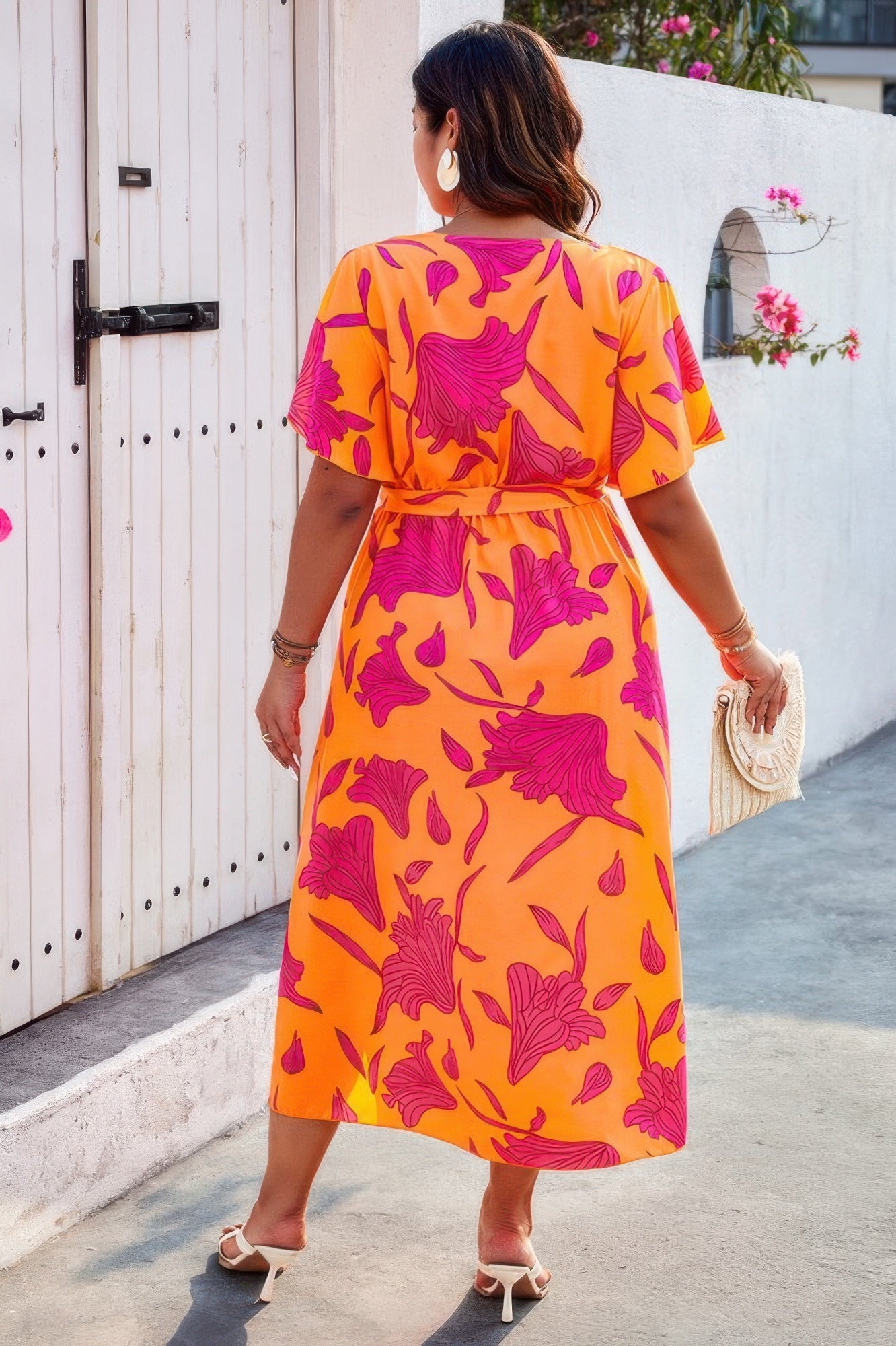 Plus Floral Short Sleeve Split Belted Midi Dress - Flip Flop Dynasty
