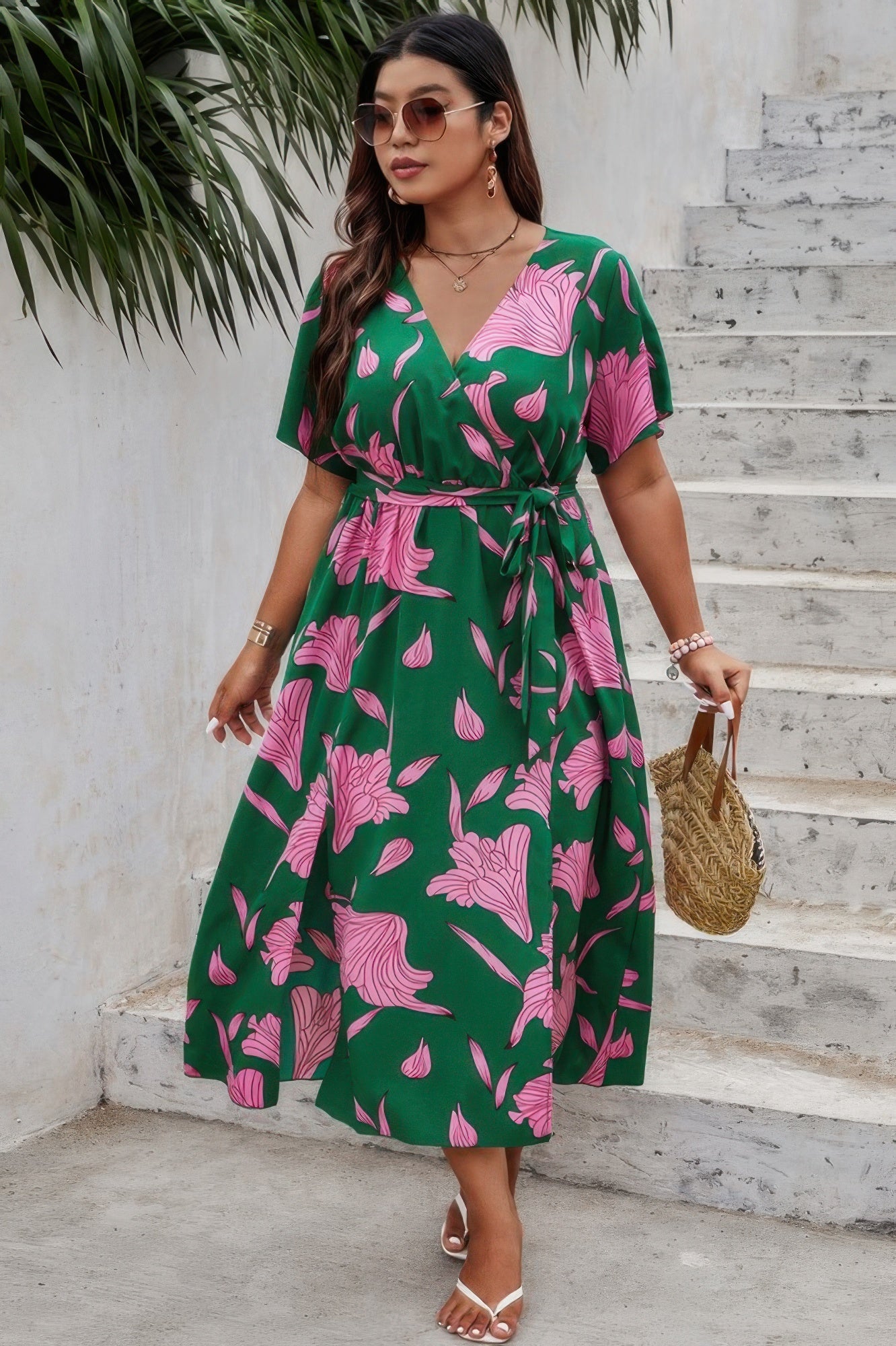 Plus Floral Short Sleeve Split Belted Midi Dress - Flip Flop Dynasty