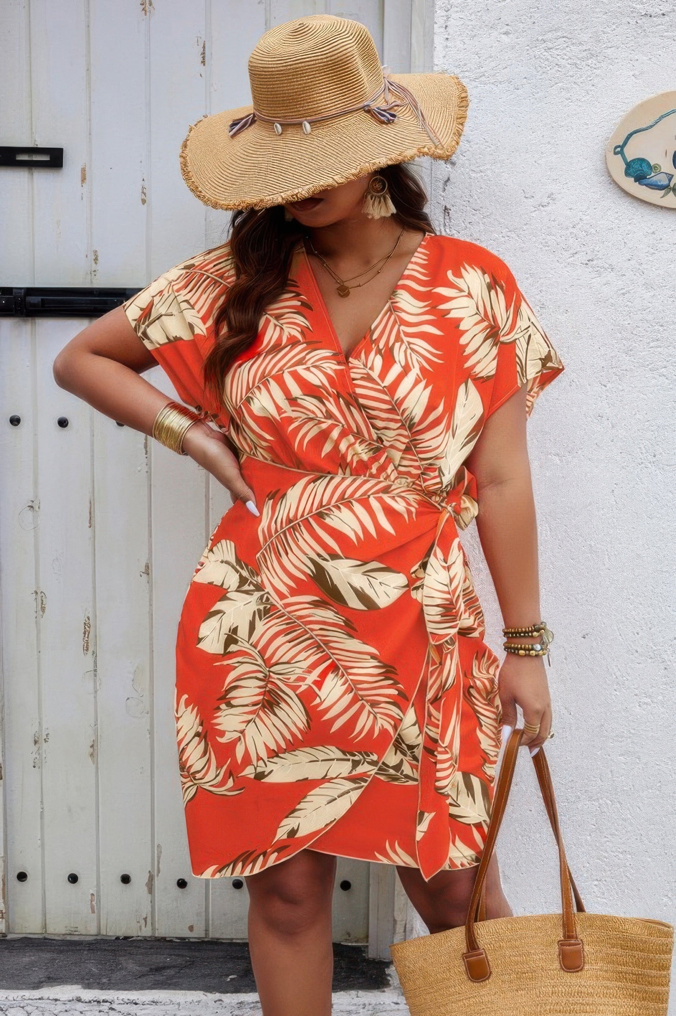 Plus Plant Print V Neck Wrap Tie Waist Dress - Flip Flop Dynasty