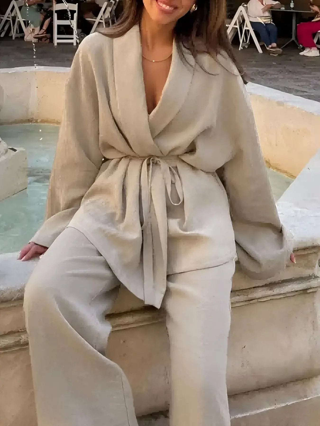 Plus Size Belt Long Sleeve Blazer and Pants Set - Flip Flop Dynasty