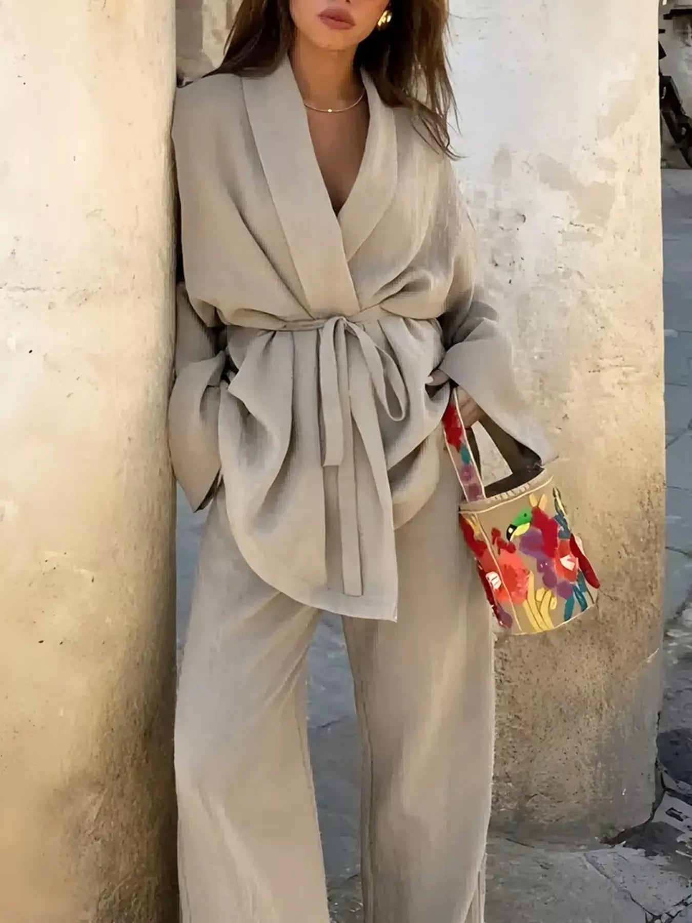 Plus Size Belt Long Sleeve Blazer and Pants Set - Flip Flop Dynasty