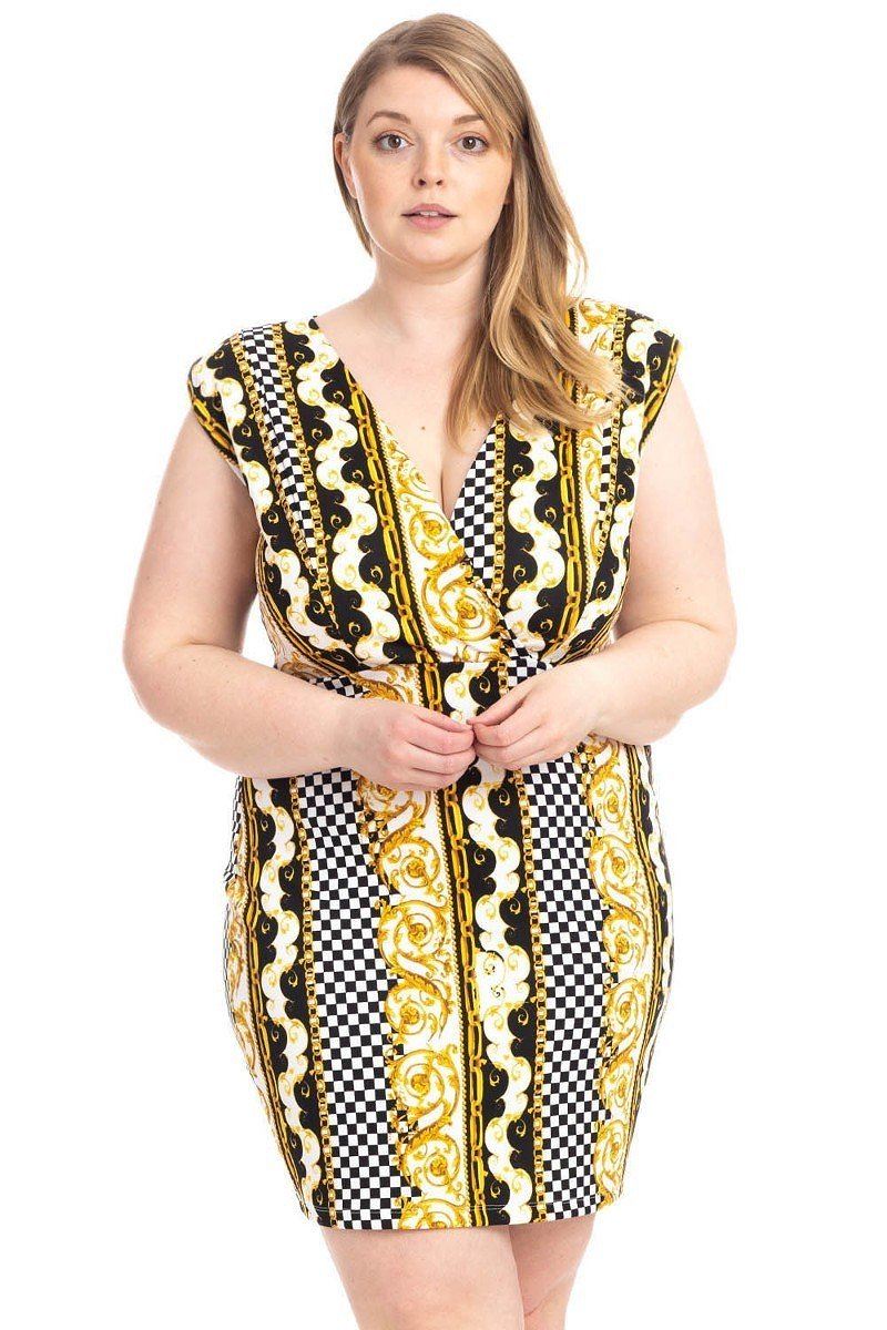 Plus Size Boarder Print V - neck Bodycon Dress - Flip Flop Dynasty