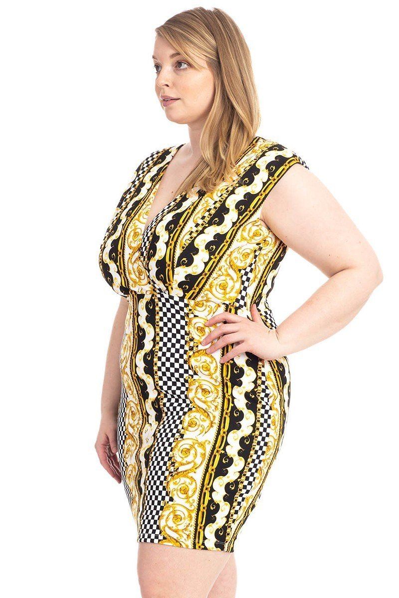 Plus Size Boarder Print V - neck Bodycon Dress - Flip Flop Dynasty