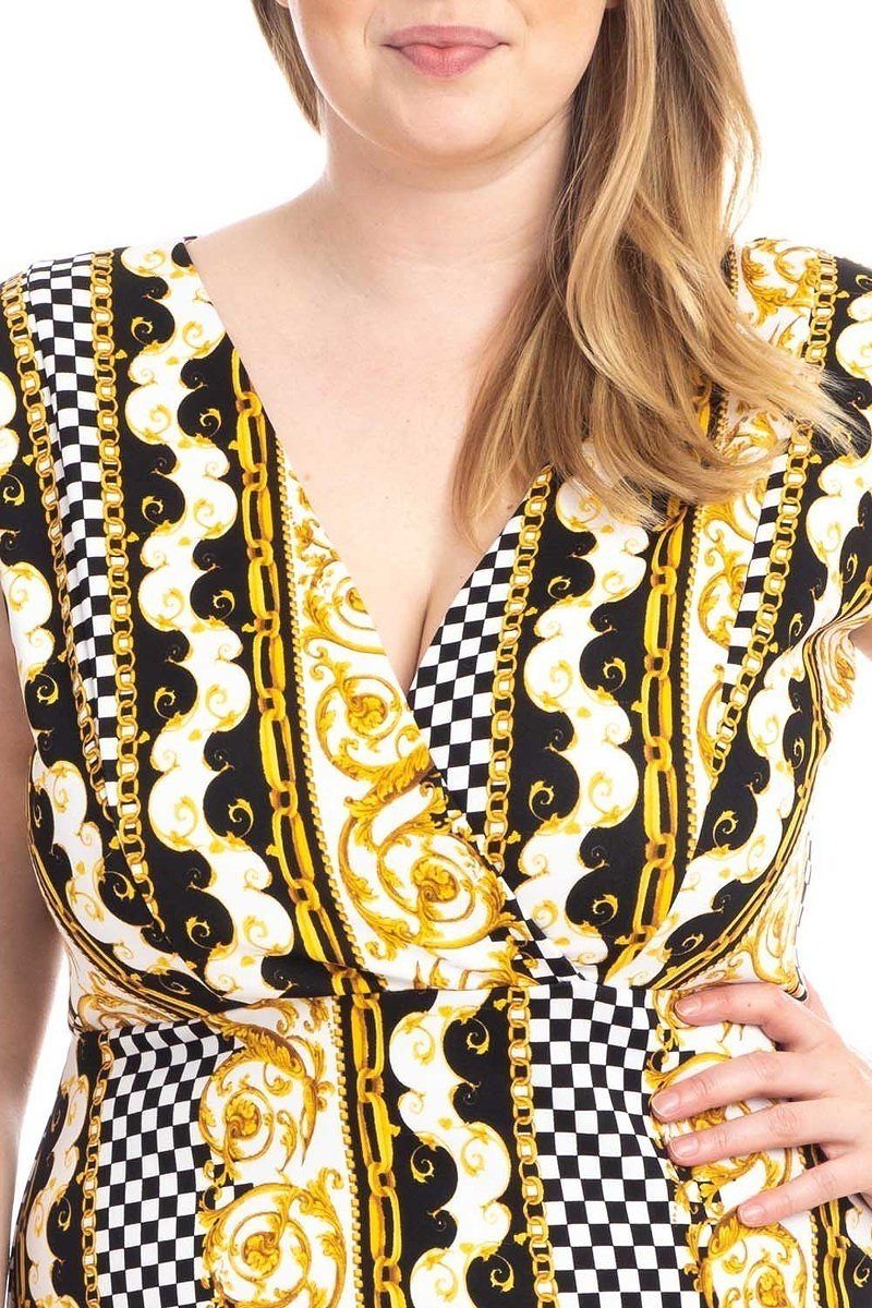Plus Size Boarder Print V - neck Bodycon Dress - Flip Flop Dynasty