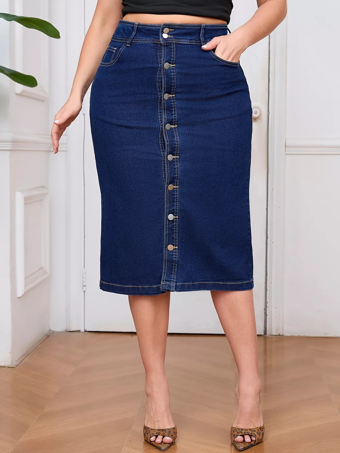 Plus Size Button - Front High Waist Denim Skirt - Flip Flop Dynasty