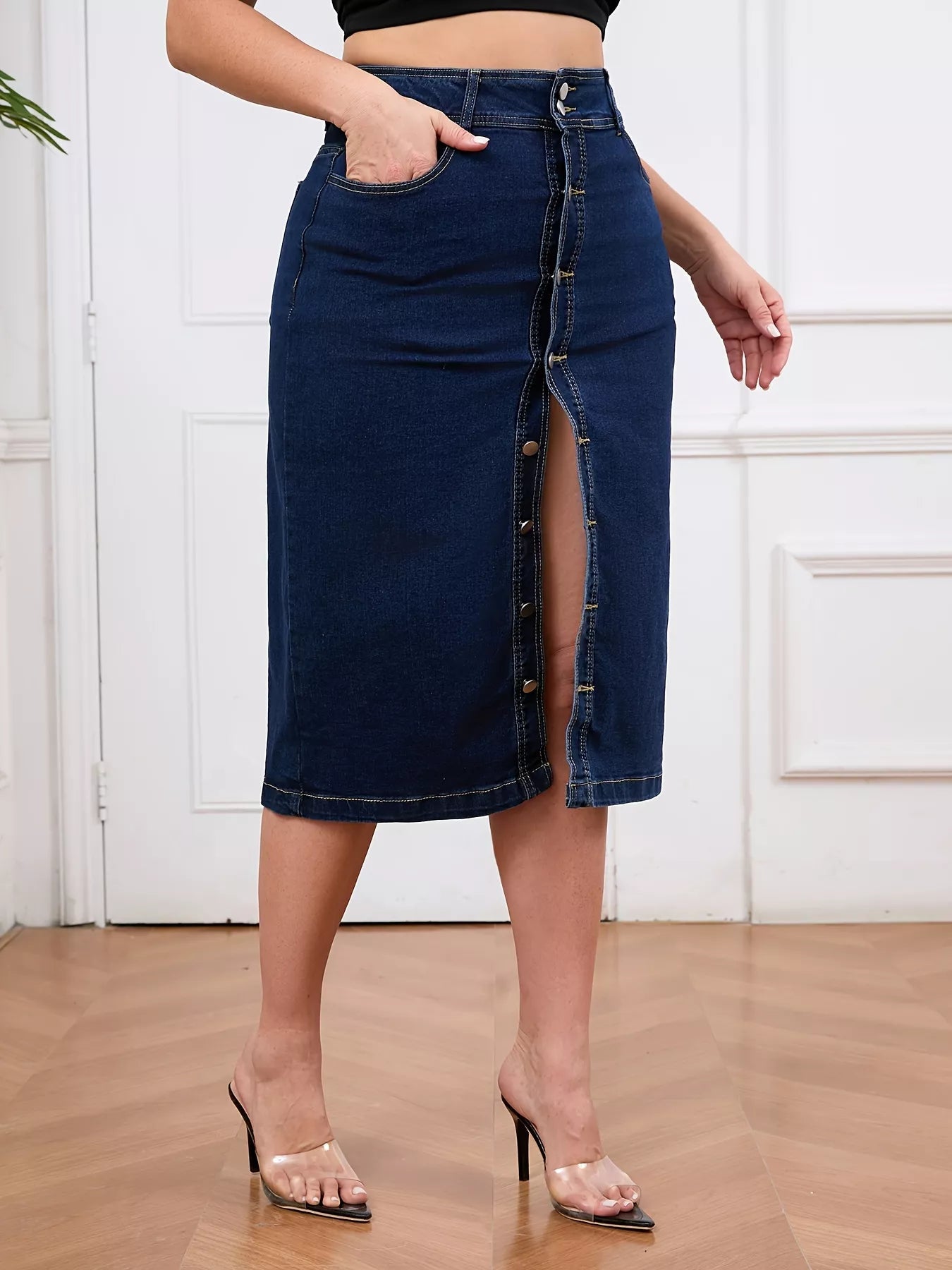 Plus Size Button - Front High Waist Denim Skirt - Flip Flop Dynasty