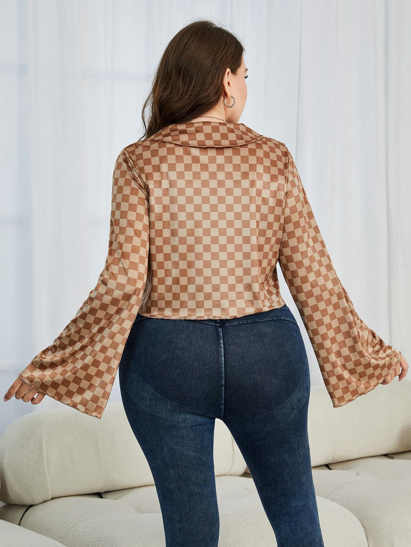 Plus Size Checkered Johnny Collar Flare Sleeve Shirt - Flip Flop Dynasty