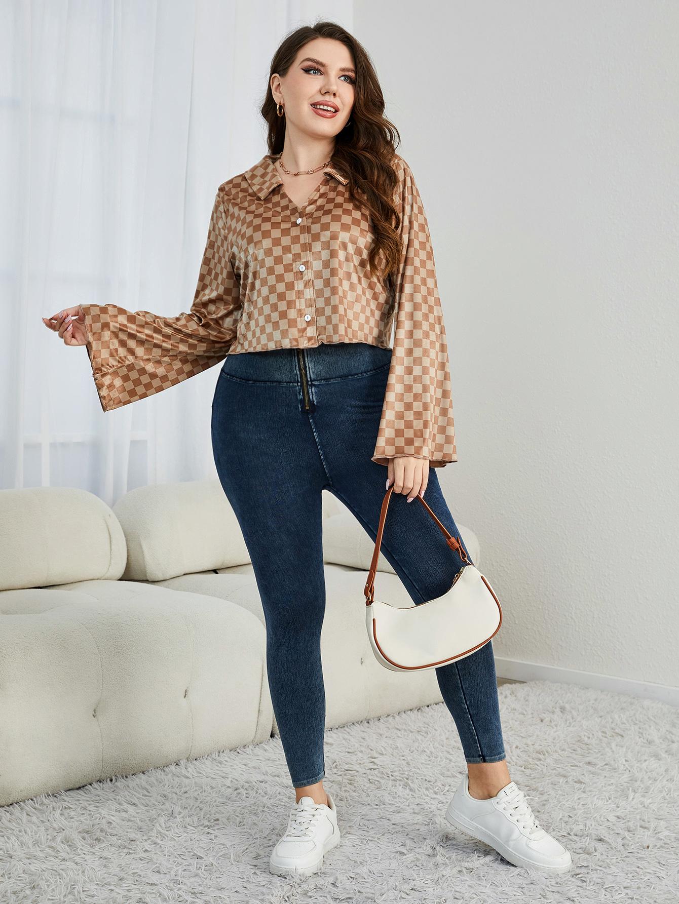 Plus Size Checkered Johnny Collar Flare Sleeve Shirt - Flip Flop Dynasty