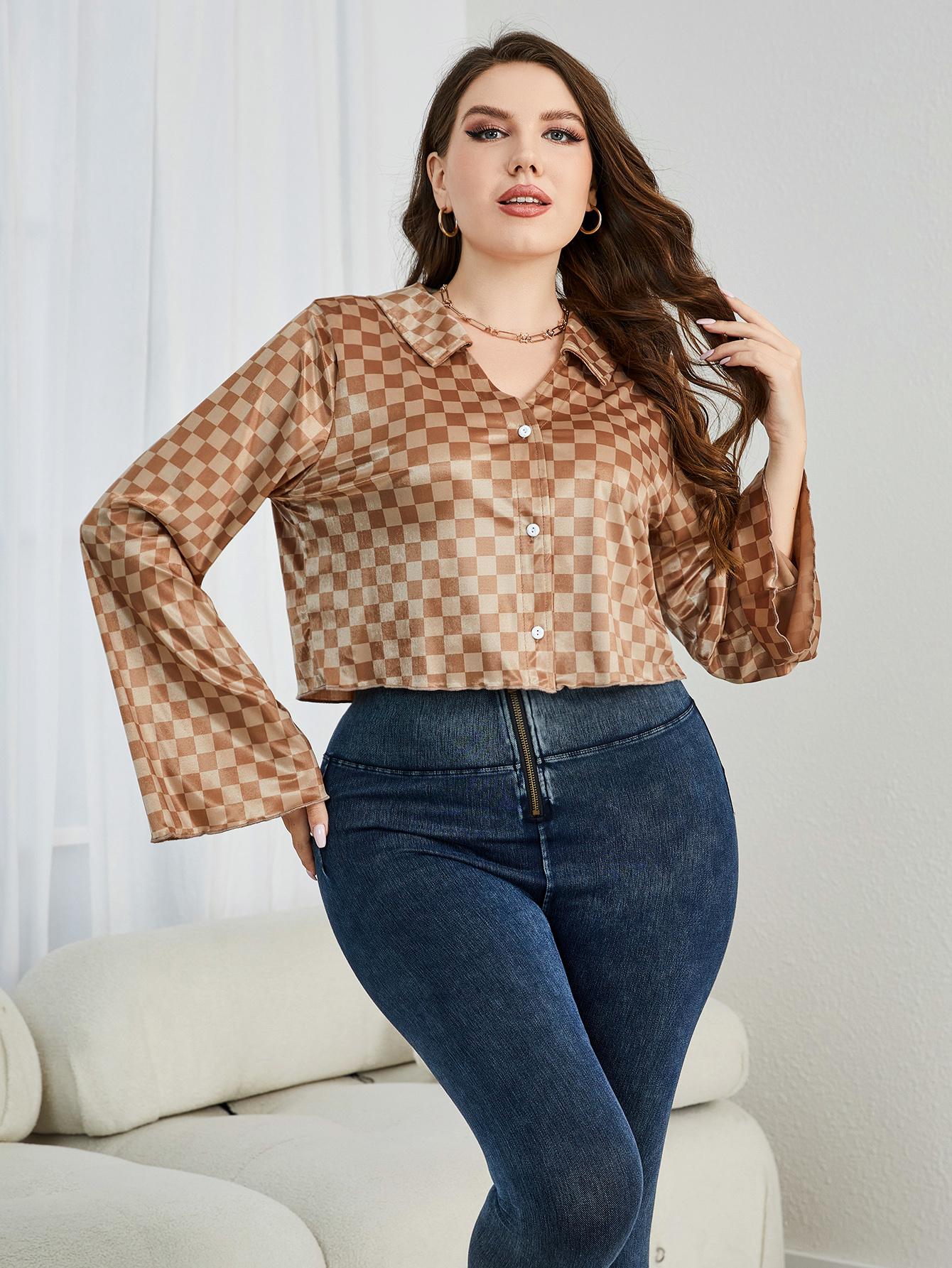 Plus Size Checkered Johnny Collar Flare Sleeve Shirt - Flip Flop Dynasty