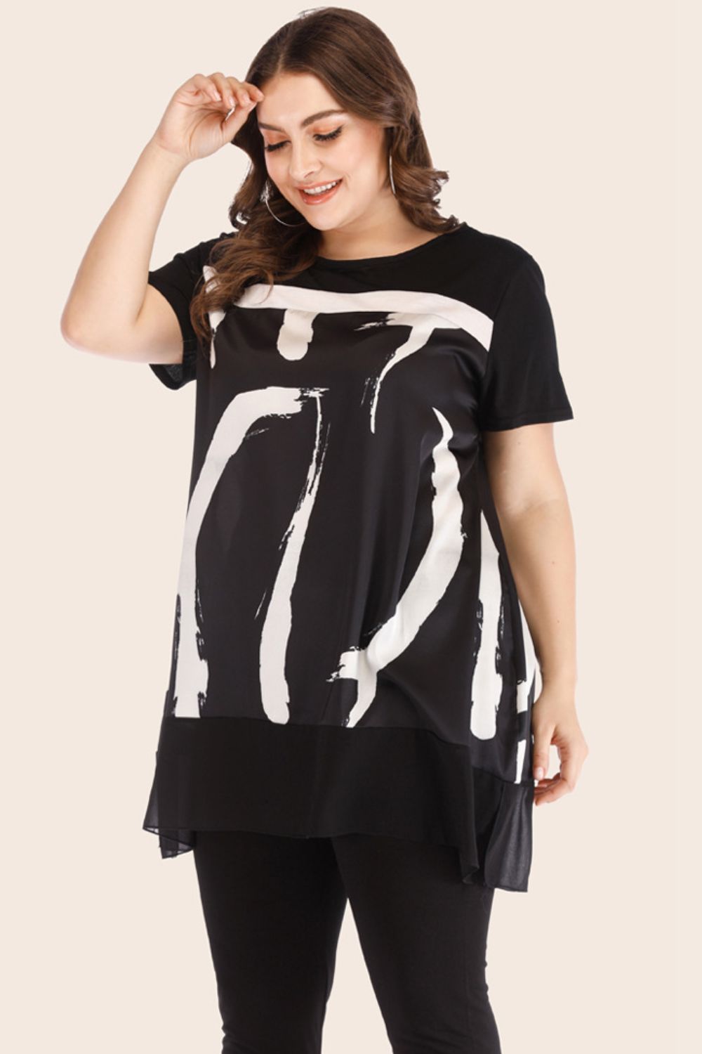 Plus Size Contrast Spliced Mesh T-Shirt and Cropped Leggings Set - Flip Flop Dynasty