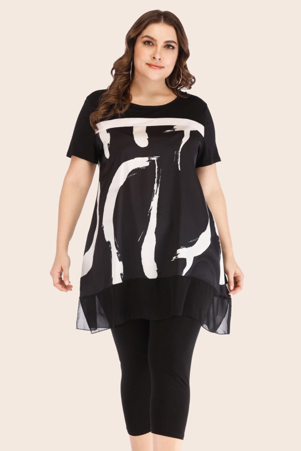 Plus Size Contrast Spliced Mesh T-Shirt and Cropped Leggings Set - Flip Flop Dynasty