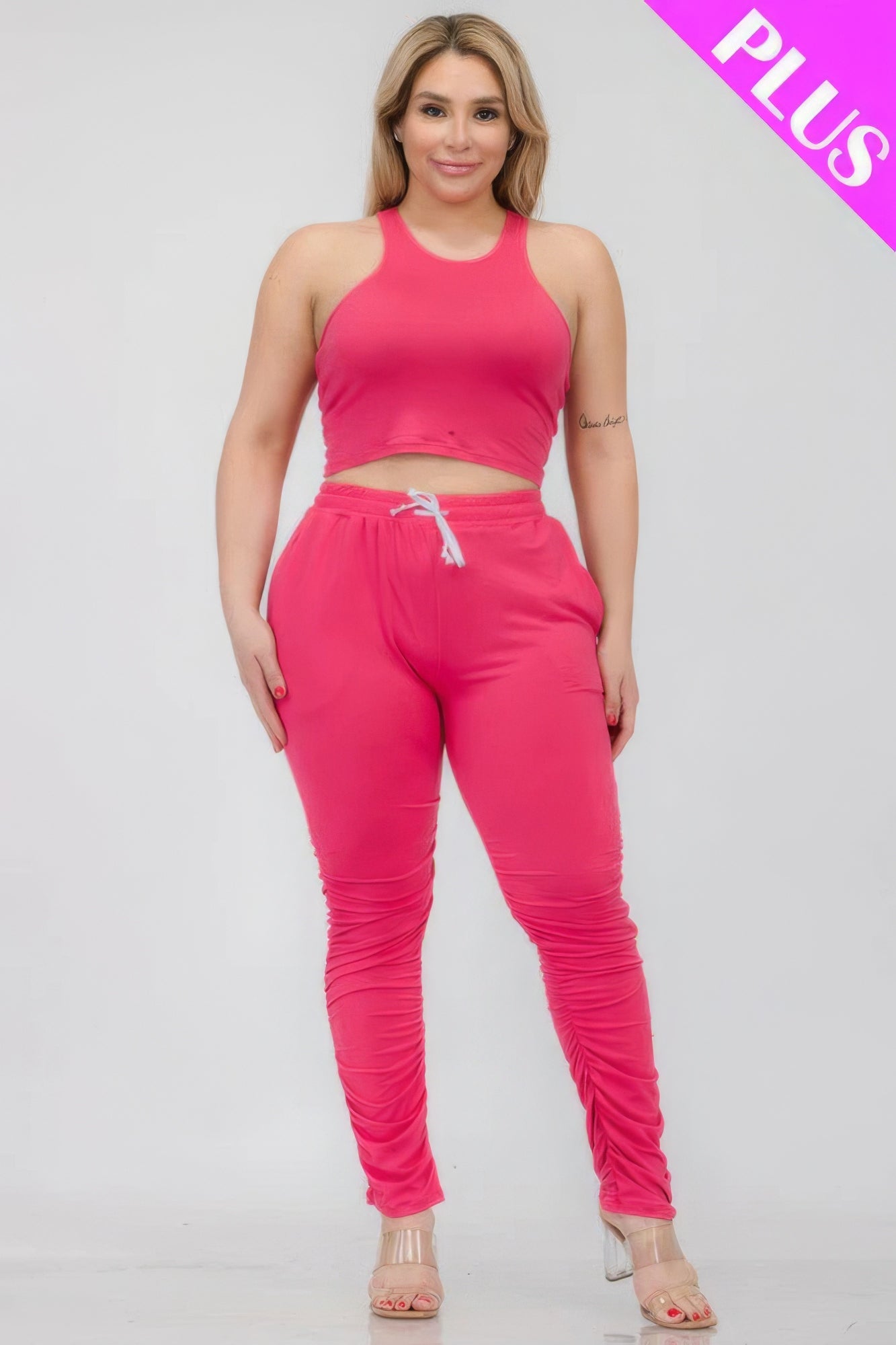 Plus Size Crop Tank Top & Ruched Pants Set - Flip Flop Dynasty