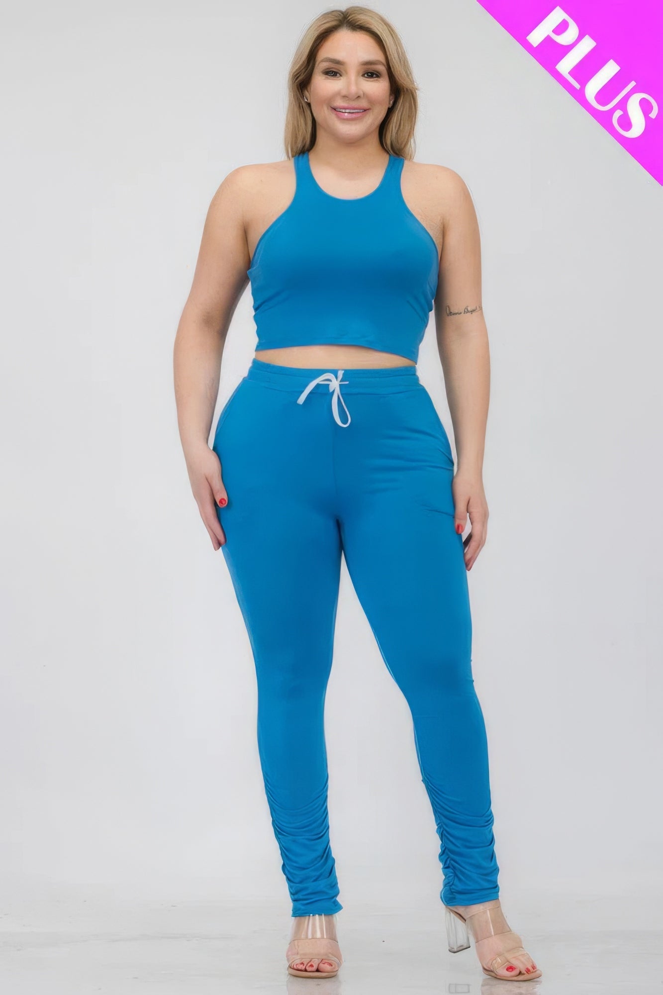Plus Size Crop Tank Top & Ruched Pants Set - Flip Flop Dynasty