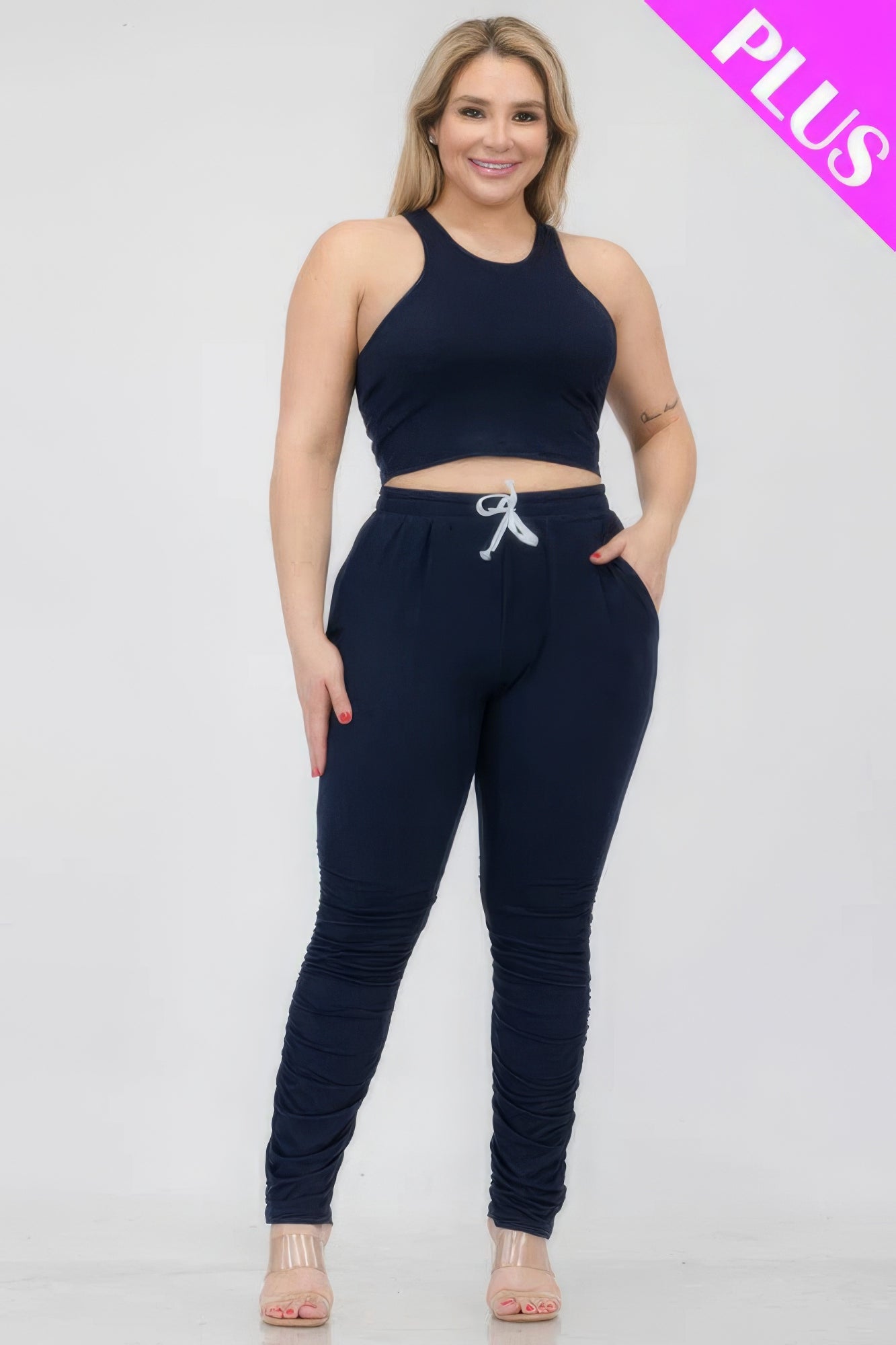 Plus Size Crop Tank Top & Ruched Pants Set - Flip Flop Dynasty