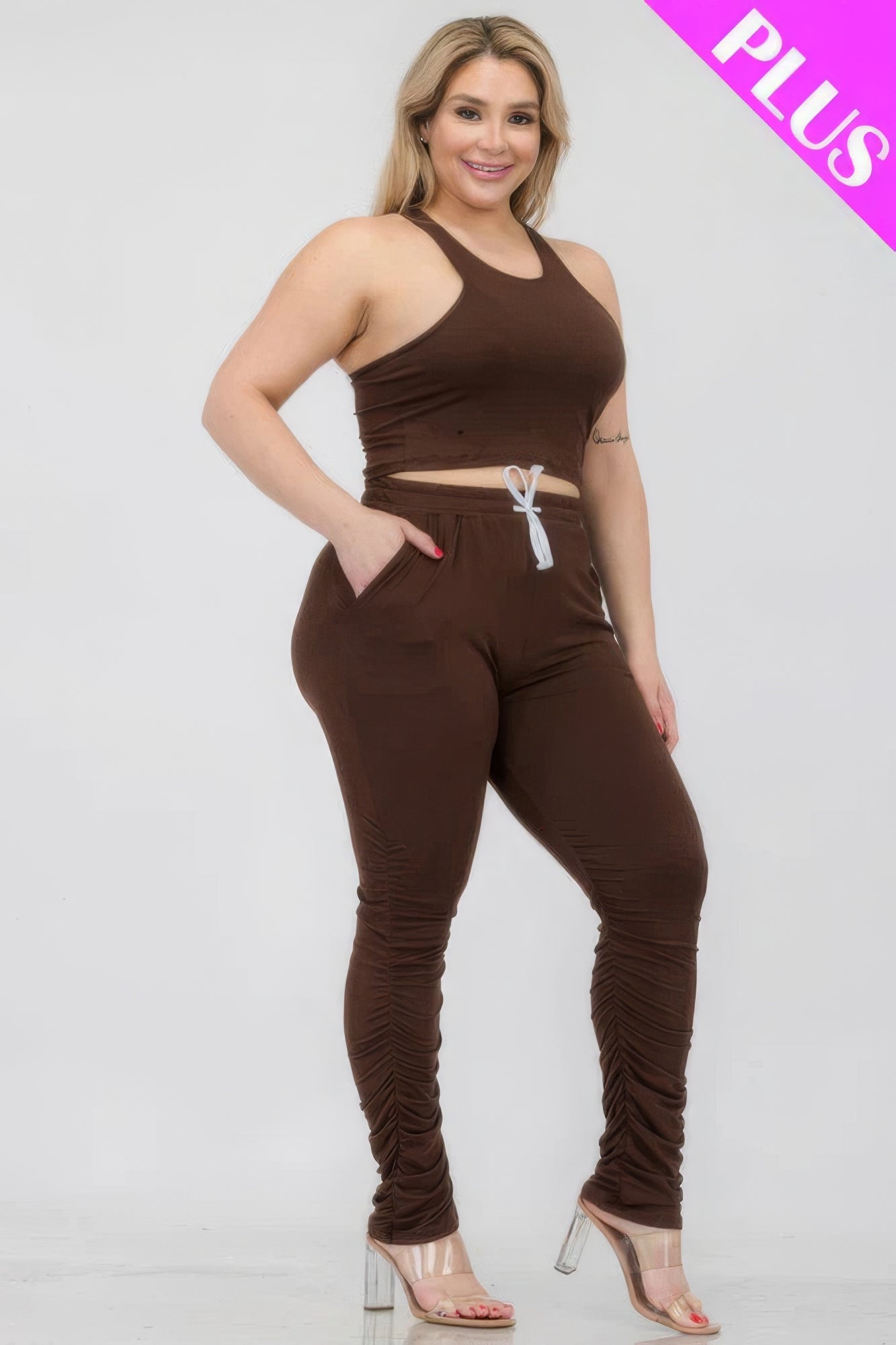 Plus Size Crop Tank Top & Ruched Pants Set - Flip Flop Dynasty