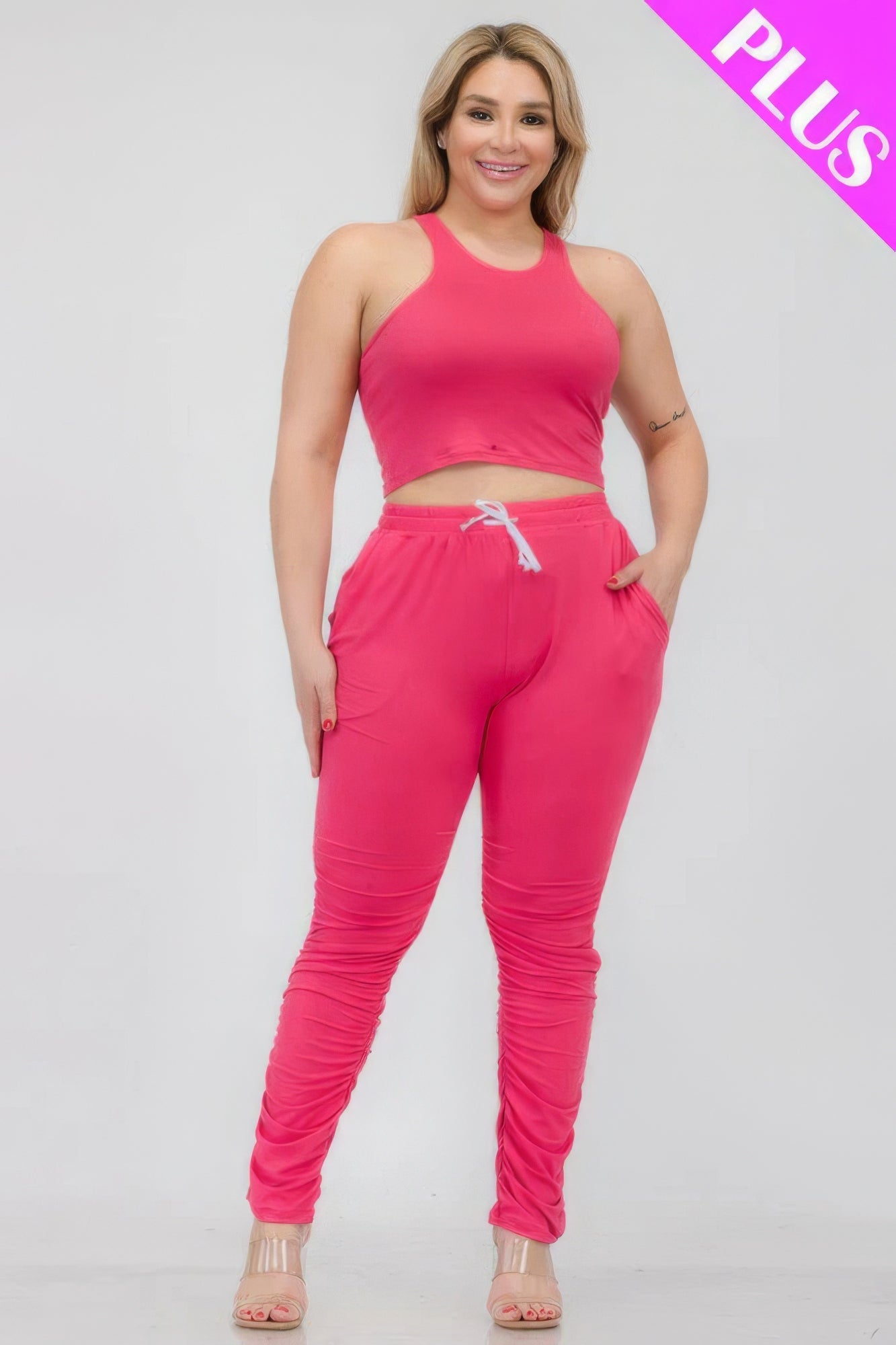 Plus Size Crop Tank Top & Ruched Pants Set - Flip Flop Dynasty