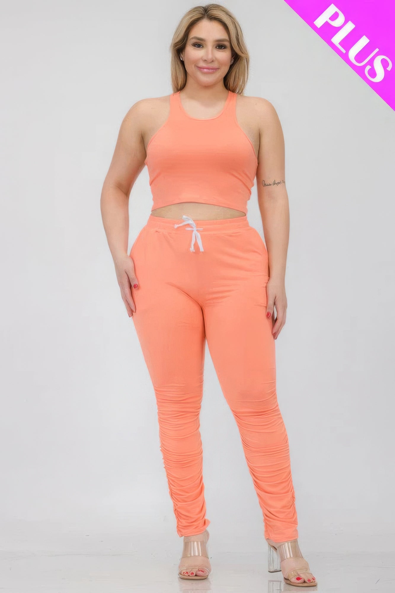 Plus Size Crop Tank Top & Ruched Pants Set - Flip Flop Dynasty