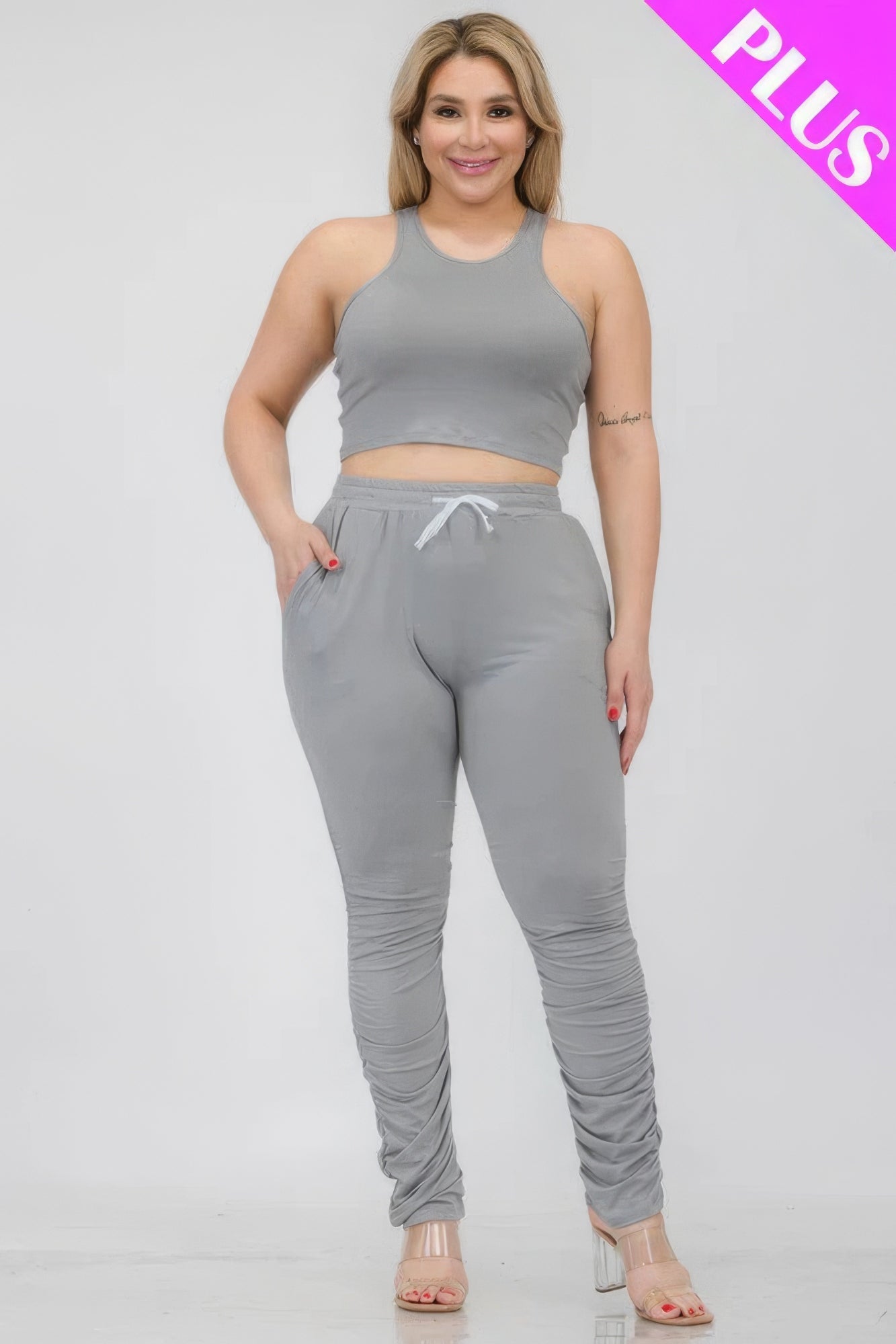 Plus Size Crop Tank Top & Ruched Pants Set - Flip Flop Dynasty