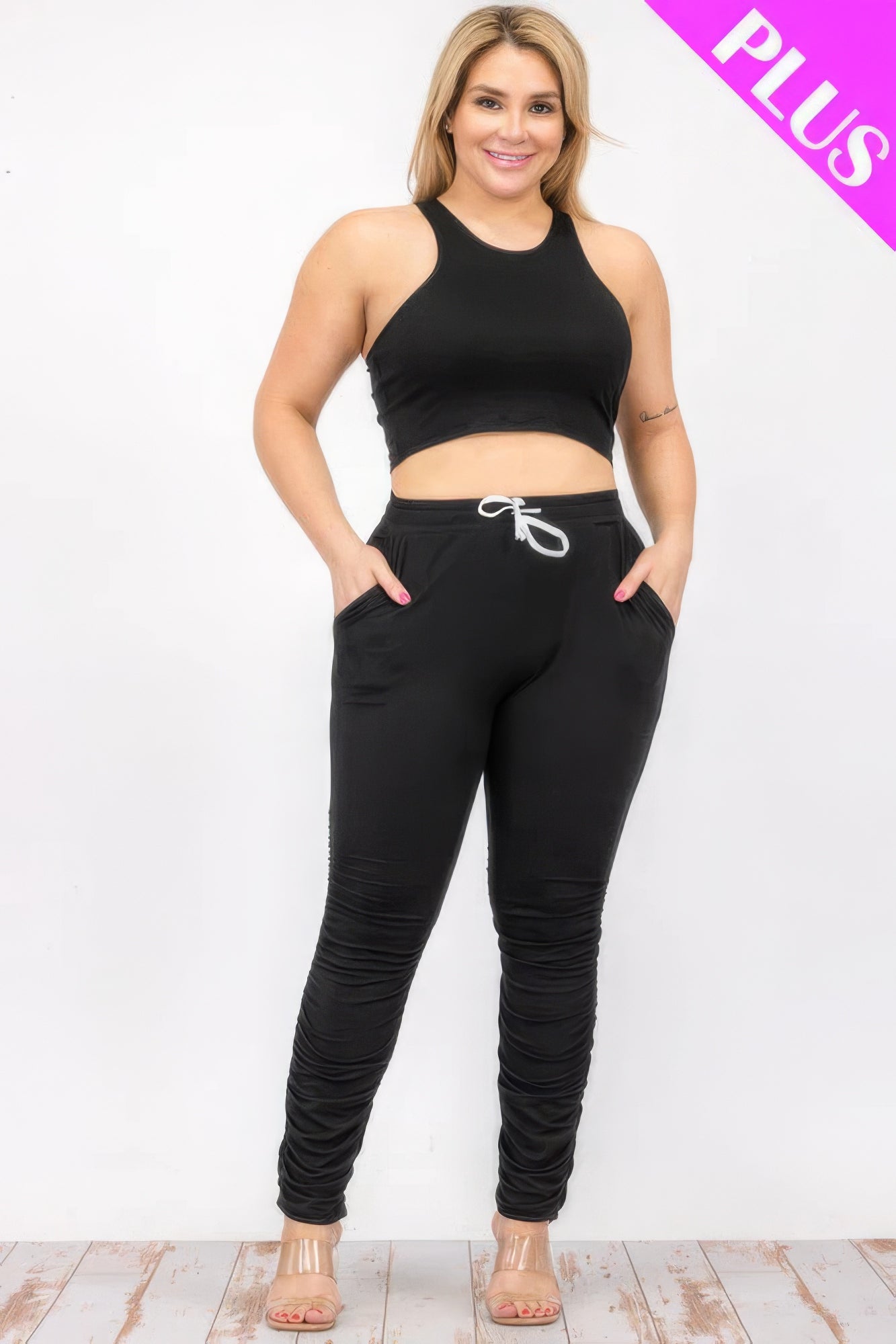 Plus Size Crop Tank Top & Ruched Pants Set - Flip Flop Dynasty