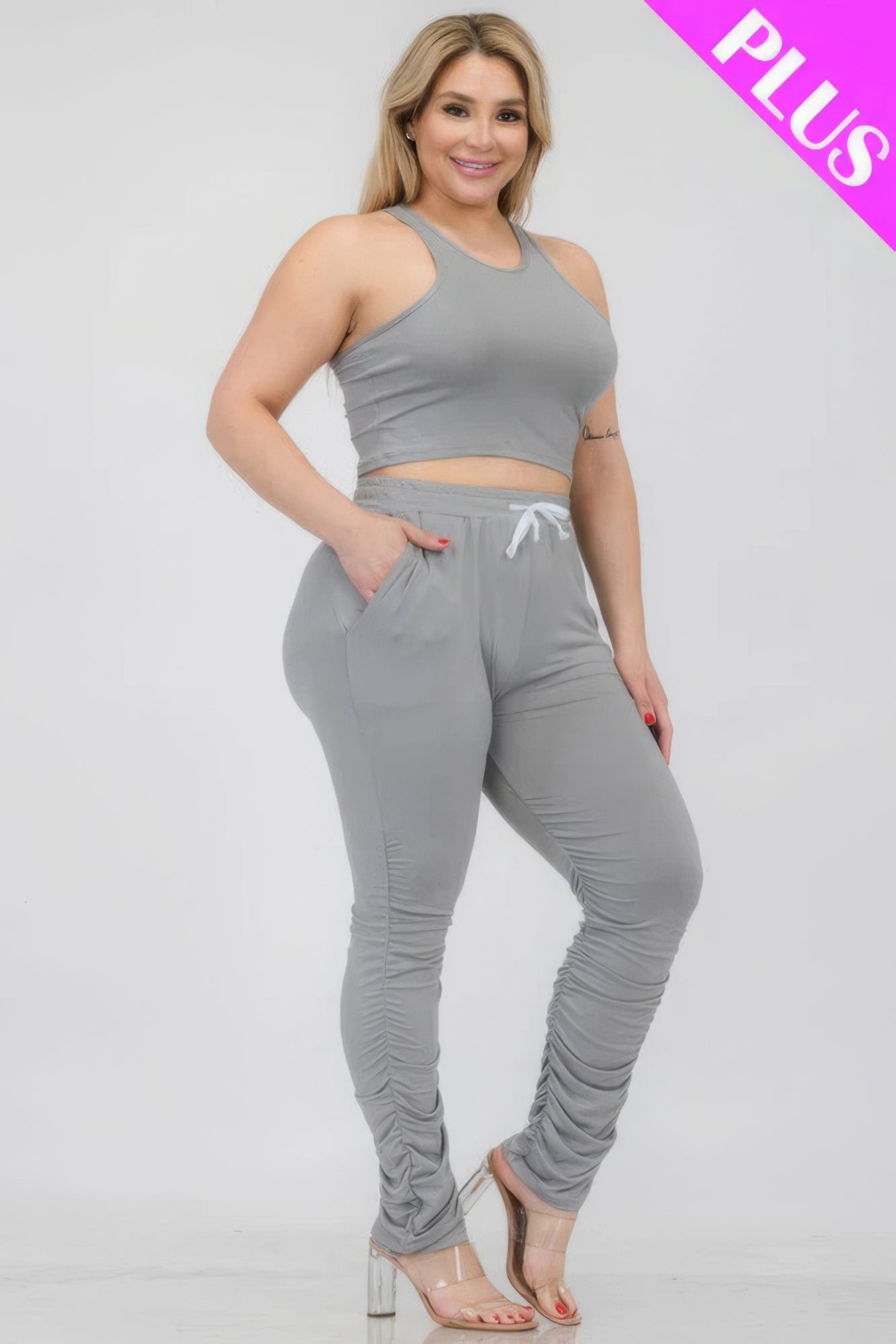 Plus Size Crop Tank Top & Ruched Pants Set - Flip Flop Dynasty