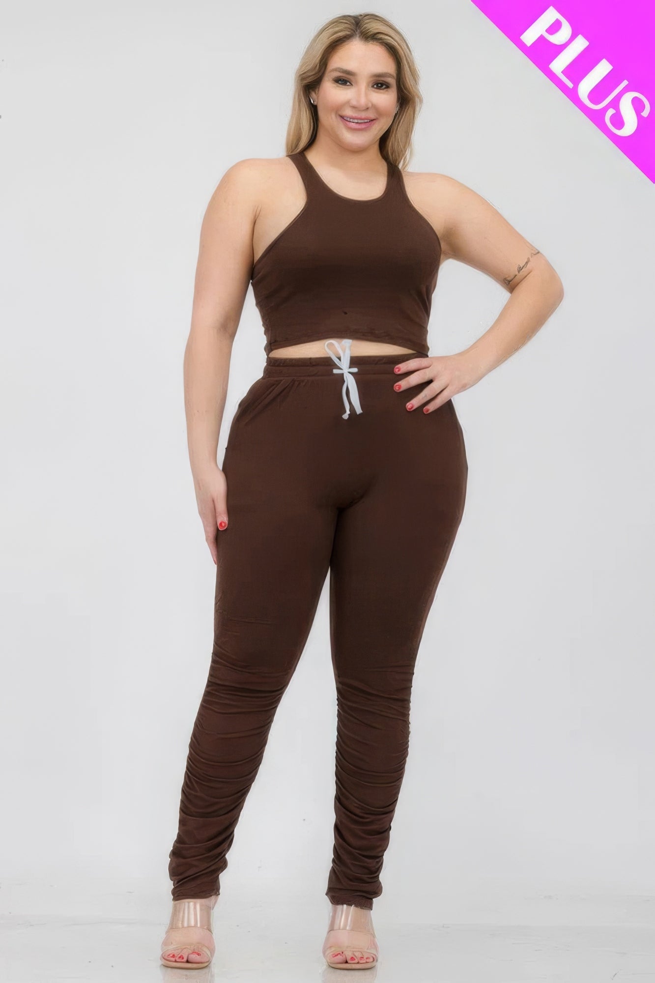 Plus Size Crop Tank Top & Ruched Pants Set - Flip Flop Dynasty