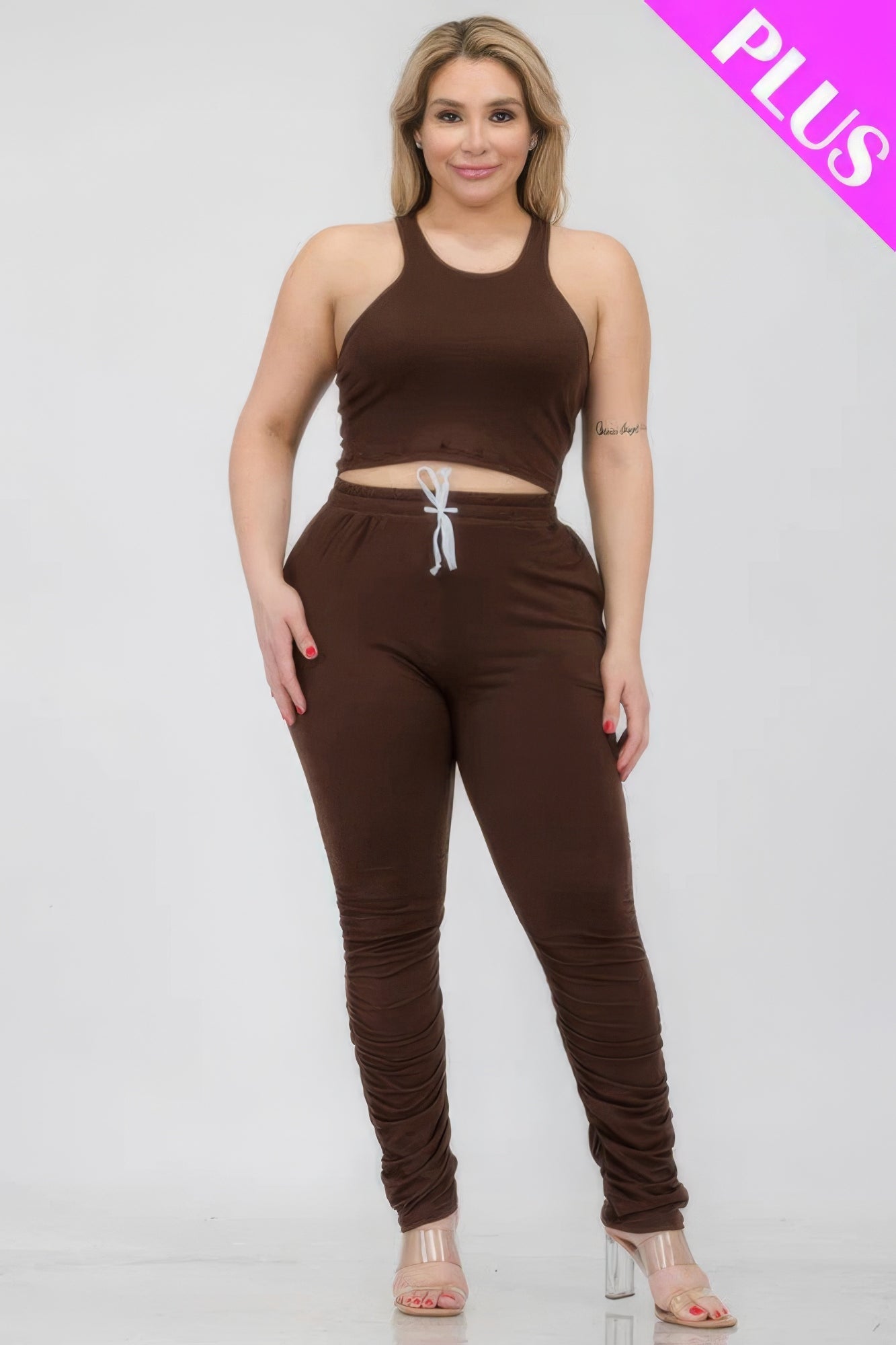 Plus Size Crop Tank Top & Ruched Pants Set - Flip Flop Dynasty