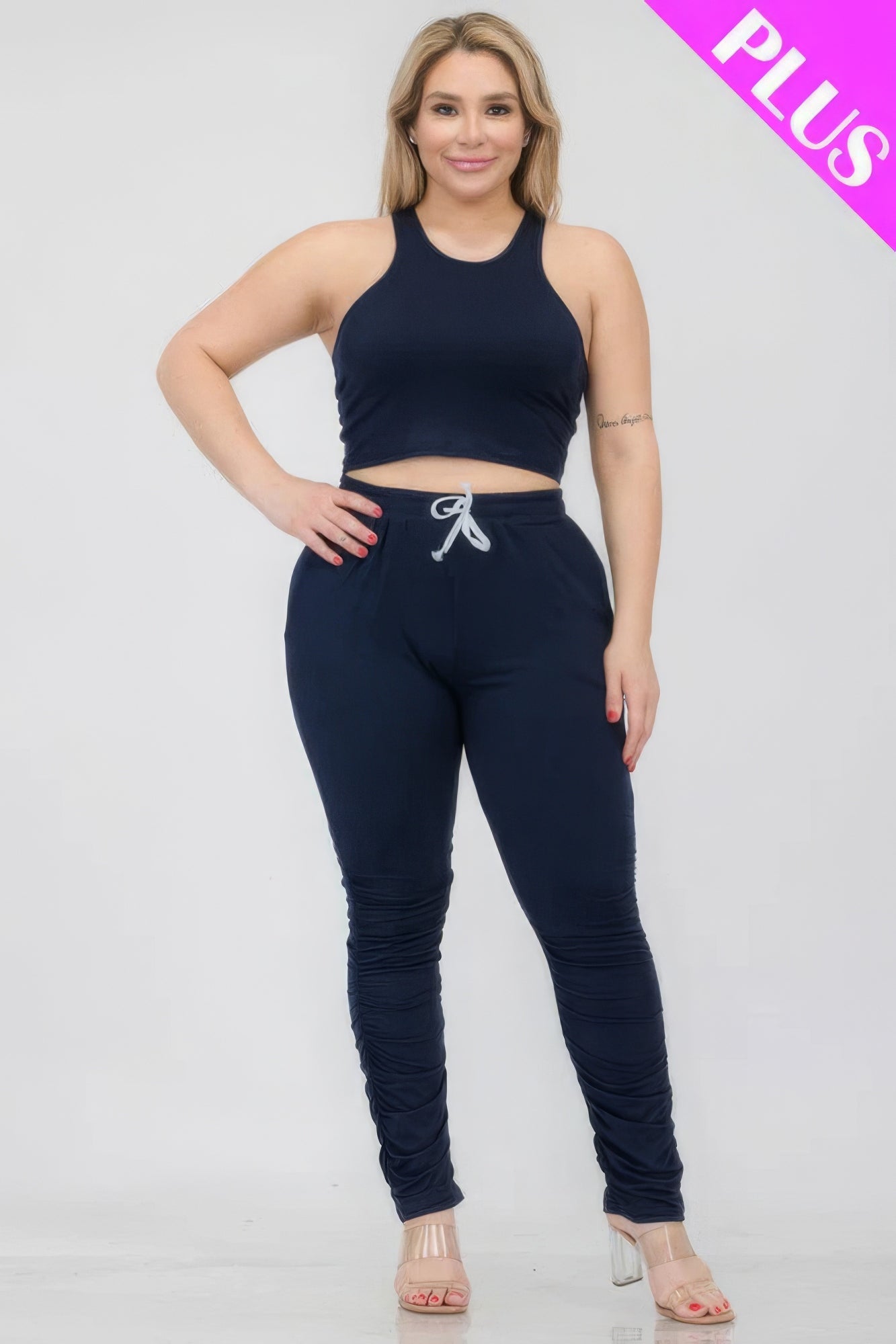 Plus Size Crop Tank Top & Ruched Pants Set - Flip Flop Dynasty
