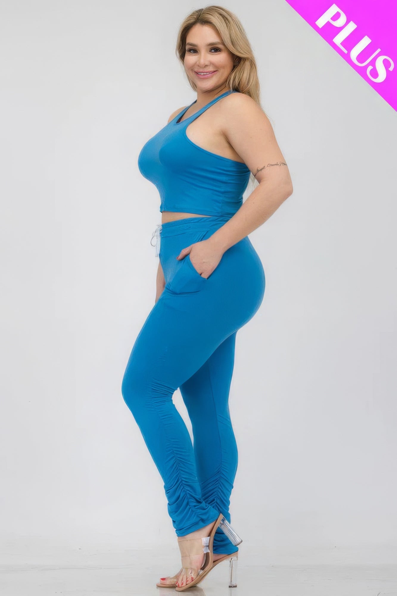 Plus Size Crop Tank Top & Ruched Pants Set - Flip Flop Dynasty