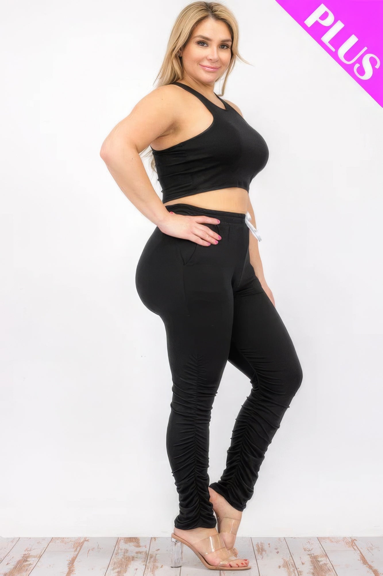 Plus Size Crop Tank Top & Ruched Pants Set - Flip Flop Dynasty