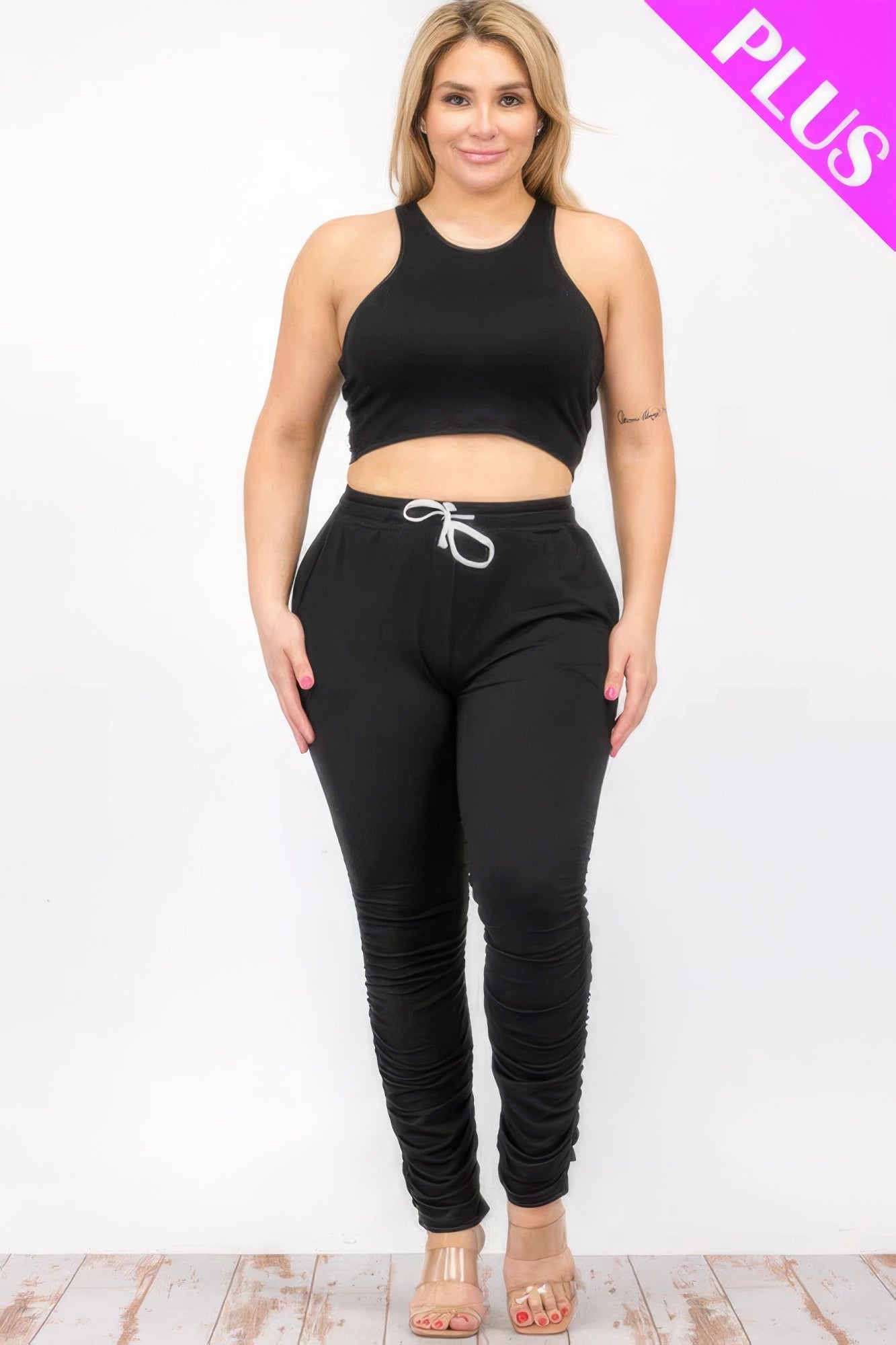 Plus Size Crop Tank Top & Ruched Pants Set - Flip Flop Dynasty
