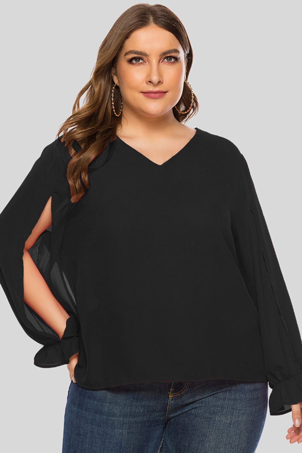 Plus Size Cutout Flounce Sleeve Blouse - Flip Flop Dynasty