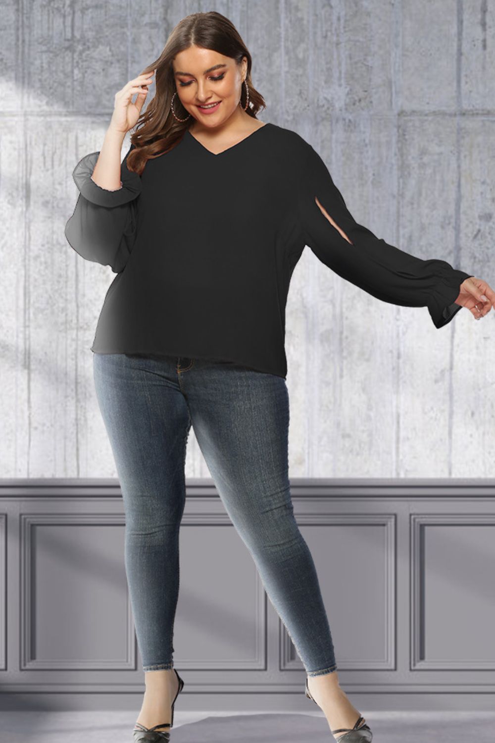 Plus Size Cutout Flounce Sleeve Blouse - Flip Flop Dynasty