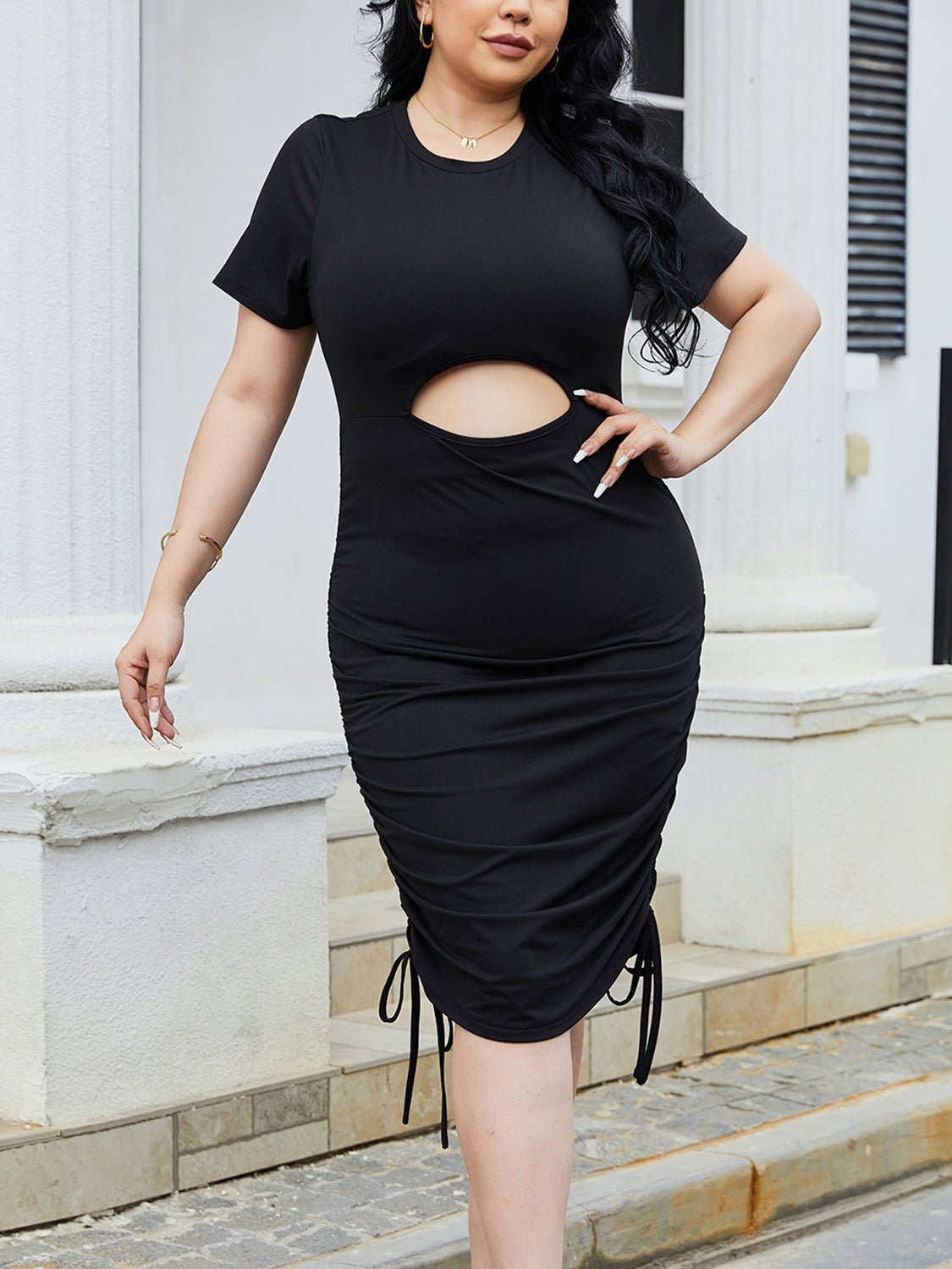 Plus Size Cutout Ruched Round Neck Short Sleeve Dress - Flip Flop Dynasty
