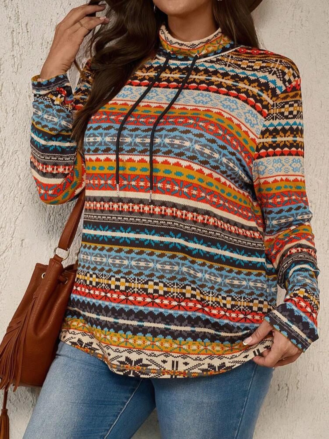 Plus Size Drawstring Printed Mock Neck Long Sleeve Top - Flip Flop Dynasty