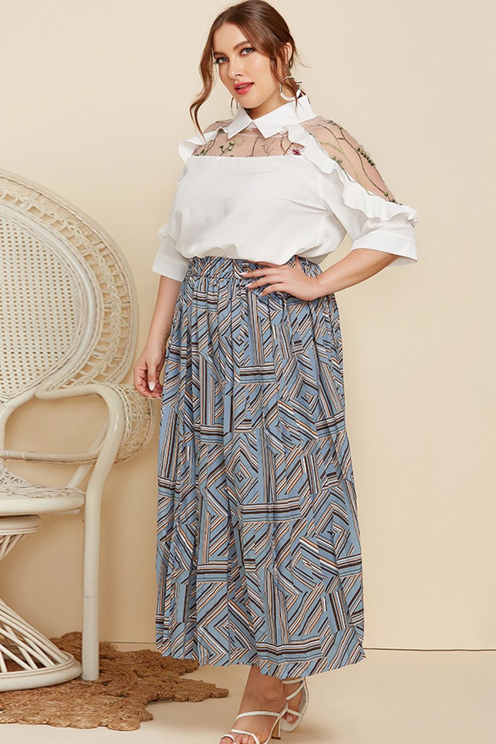 Plus Size Embroidered Ruffle Trim Collared Half Sleeve Blouse - Flip Flop Dynasty