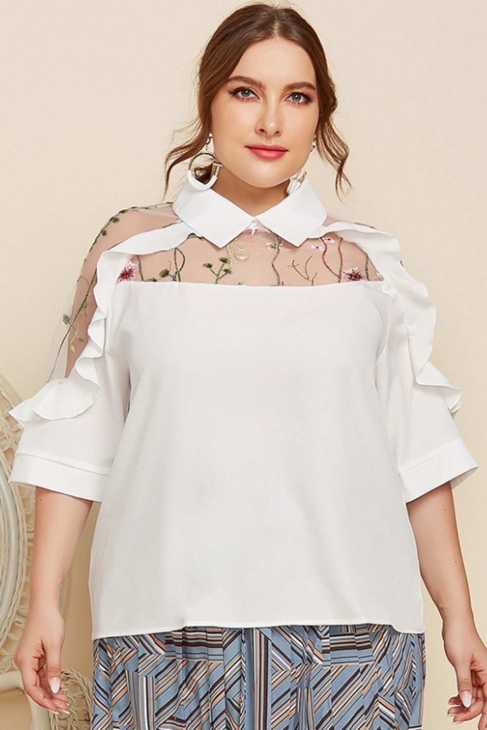 Plus Size Embroidered Ruffle Trim Collared Half Sleeve Blouse - Flip Flop Dynasty