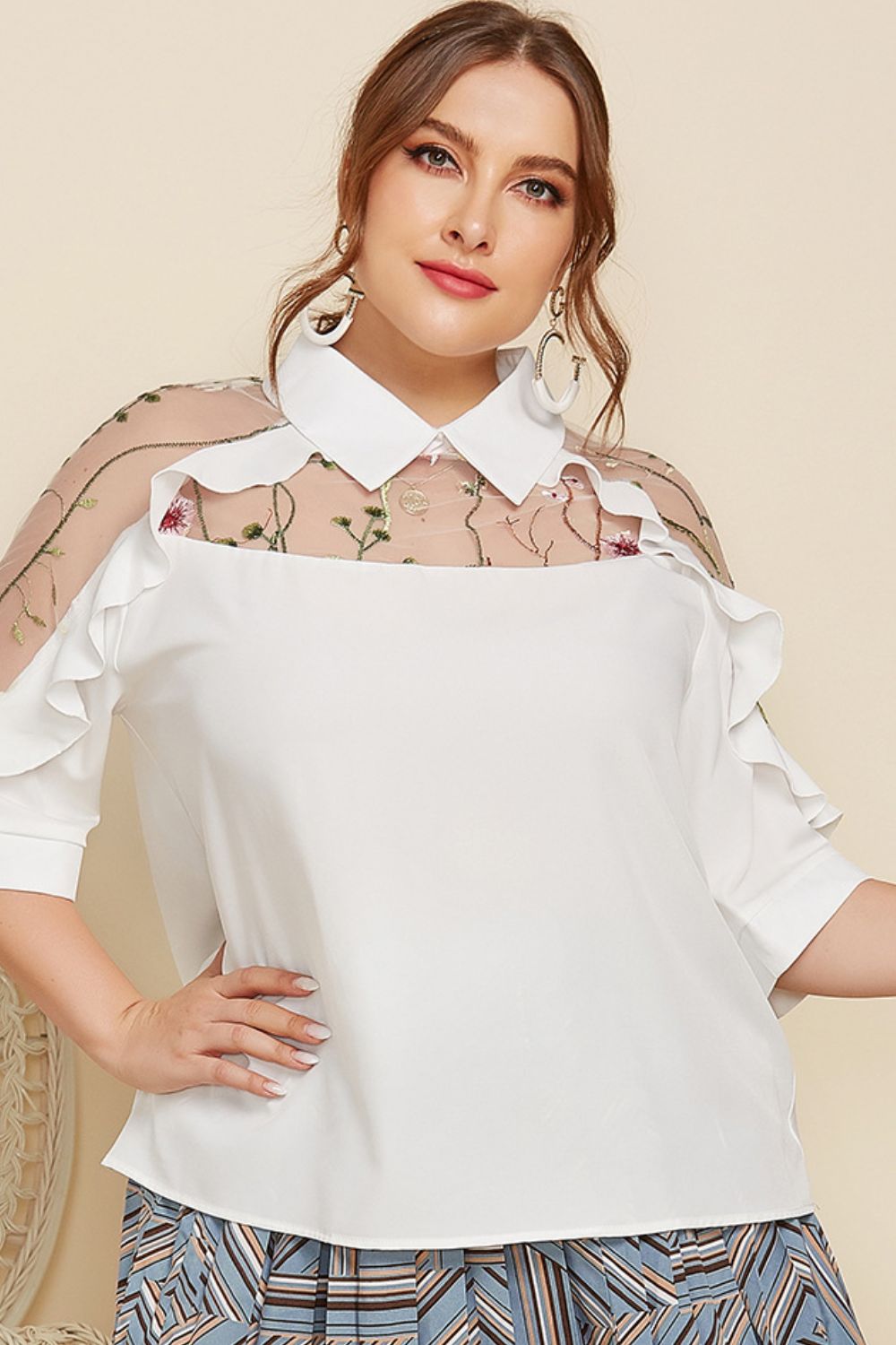 Plus Size Embroidered Ruffle Trim Collared Half Sleeve Blouse - Flip Flop Dynasty