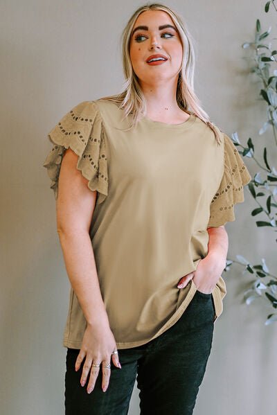 Plus Size Eyelet Round Neck Short Sleeve Blouse - Flip Flop Dynasty