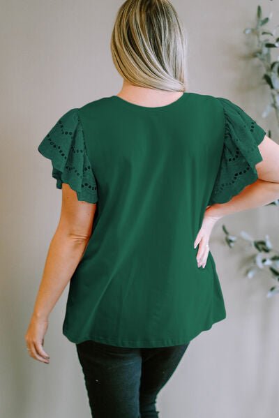 Plus Size Eyelet Round Neck Short Sleeve Blouse - Flip Flop Dynasty