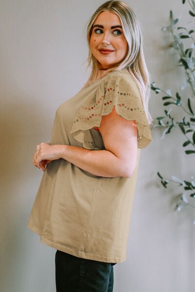 Plus Size Eyelet Round Neck Short Sleeve Blouse - Flip Flop Dynasty