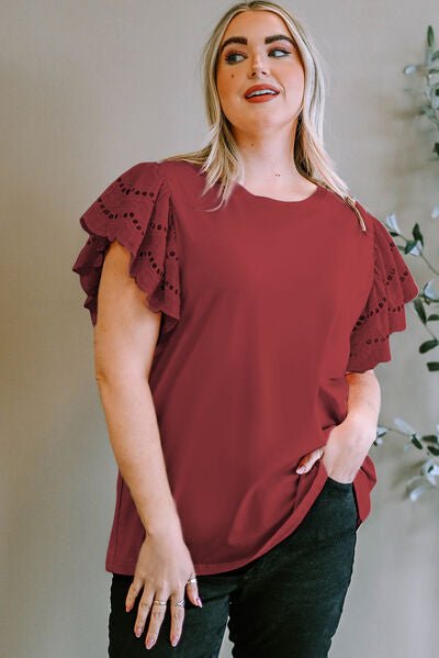 Plus Size Eyelet Round Neck Short Sleeve Blouse - Flip Flop Dynasty