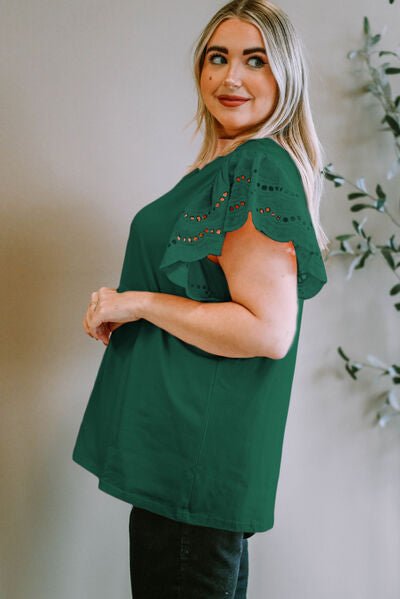 Plus Size Eyelet Round Neck Short Sleeve Blouse - Flip Flop Dynasty