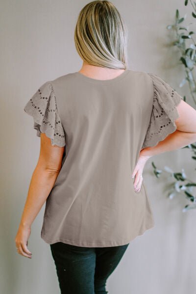 Plus Size Eyelet Round Neck Short Sleeve Blouse - Flip Flop Dynasty