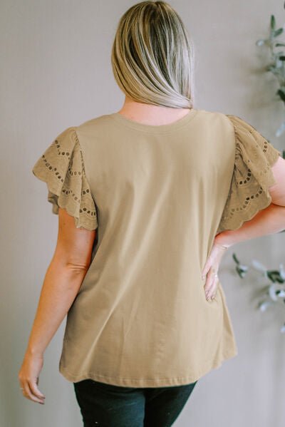 Plus Size Eyelet Round Neck Short Sleeve Blouse - Flip Flop Dynasty
