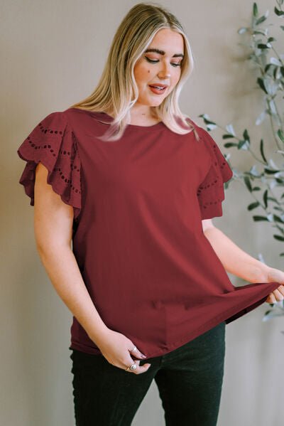 Plus Size Eyelet Round Neck Short Sleeve Blouse - Flip Flop Dynasty