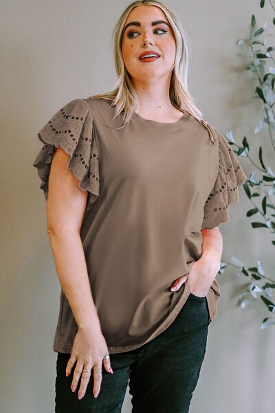 Plus Size Eyelet Round Neck Short Sleeve Blouse - Flip Flop Dynasty